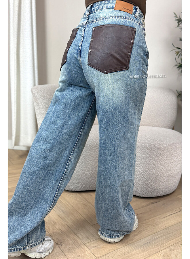 DIRTY BLUE - 'LEATHER POCKET JEANS' - VIRAL LEATHER POCKET BAGGY JEANS - NO STRETCH