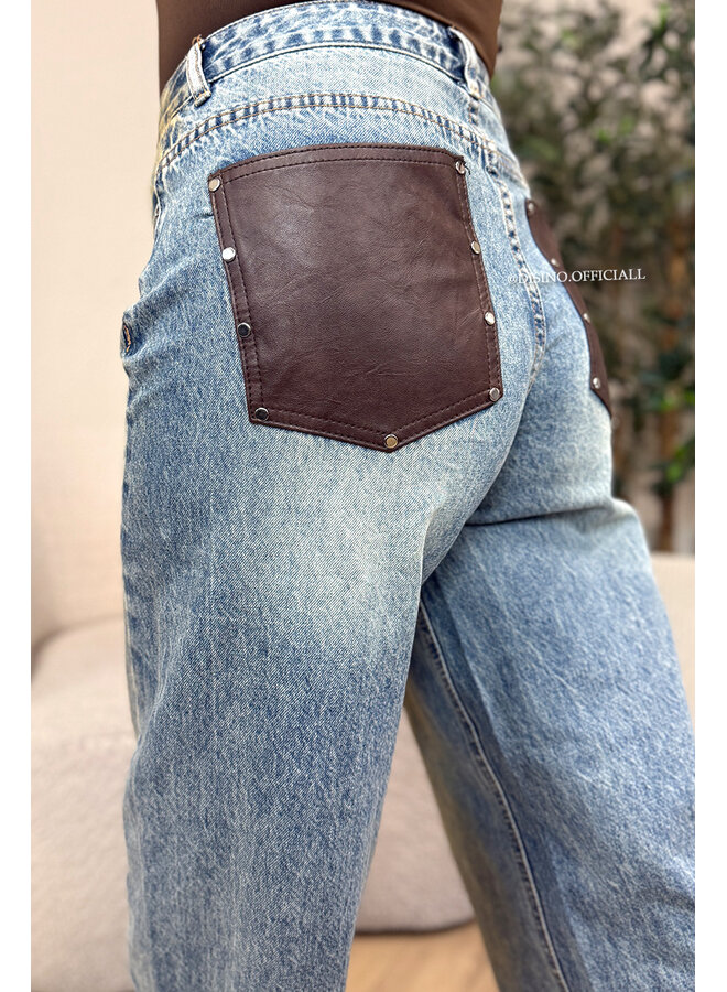 DIRTY BLUE - 'LEATHER POCKET JEANS' - VIRAL LEATHER POCKET BAGGY JEANS - NO STRETCH