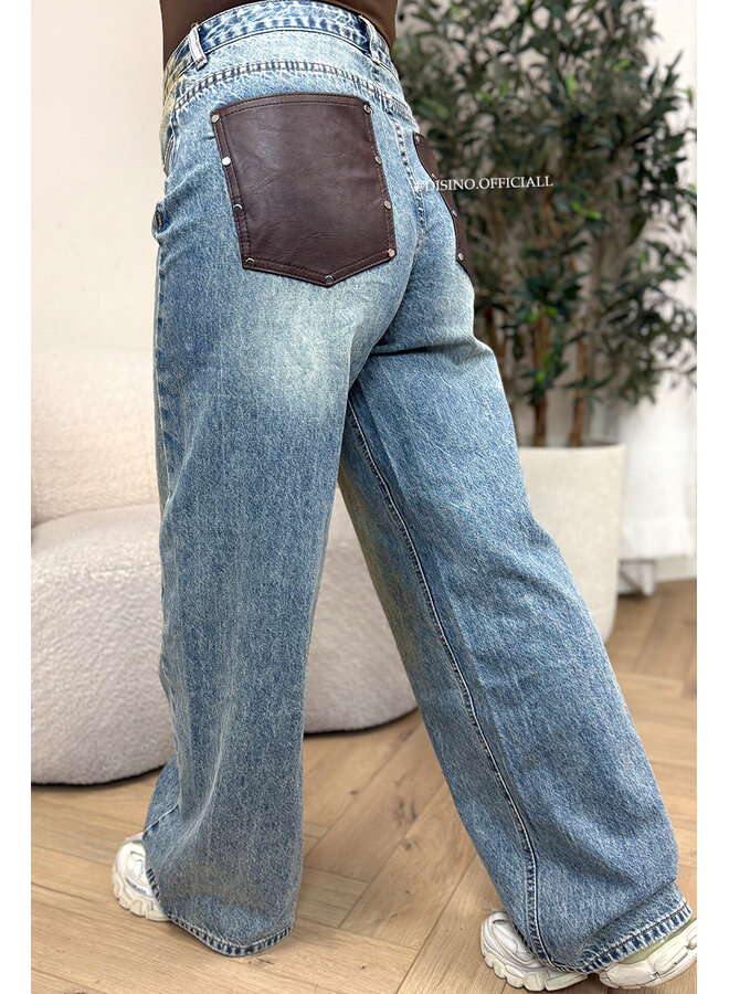 DIRTY BLUE - 'LEATHER POCKET JEANS' - VIRAL LEATHER POCKET BAGGY JEANS - NO STRETCH