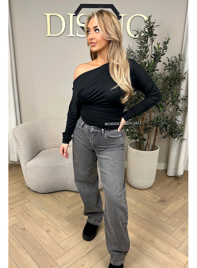 BLACK - 'JENNIE TOP' - ONE SHOULDER SNATCHED LONG SLEEVE TOP