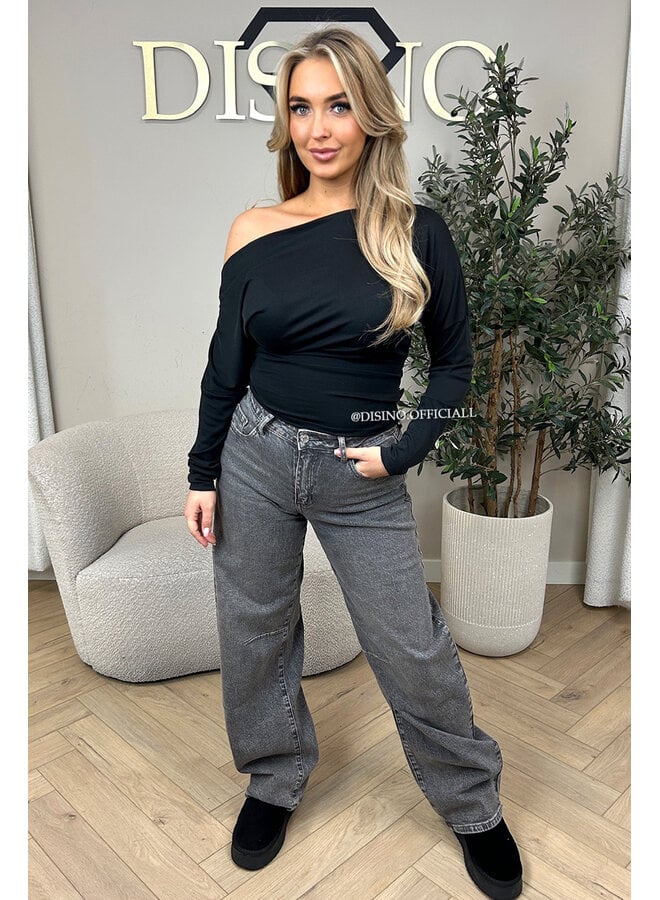 BLACK - 'JENNIE TOP' - ONE SHOULDER SNATCHED LONG SLEEVE TOP