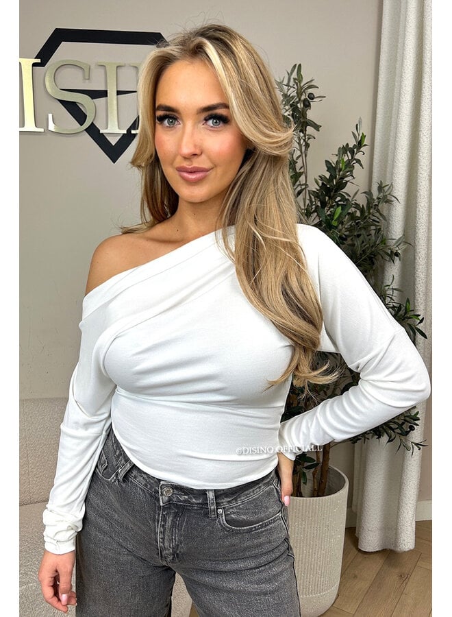 WHITE - 'JENNIE TOP' - ONE SHOULDER SNATCHED LONG SLEEVE TOP
