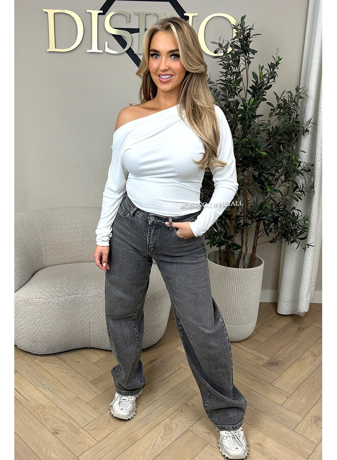 WHITE - 'JENNIE TOP' - ONE SHOULDER SNATCHED LONG SLEEVE TOP