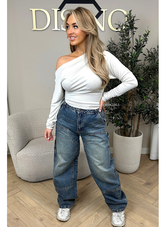 BEIGE - 'JENNIE TOP' - ONE SHOULDER SNATCHED LONG SLEEVE TOP