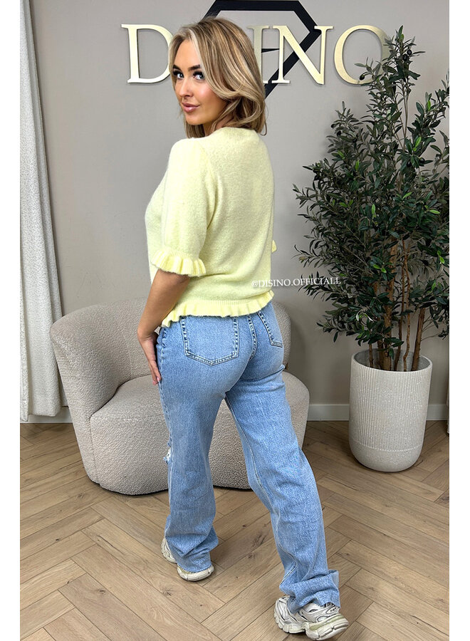 YELLOW - 'SYDNEY RHINESTONE' - STRETCH VIRAL RIPPED BACK STRAIGHT LEG JEANS