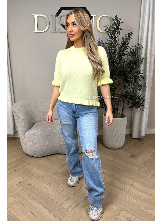 YELLOW - 'SYDNEY RHINESTONE' - STRETCH VIRAL RIPPED BACK STRAIGHT LEG JEANS