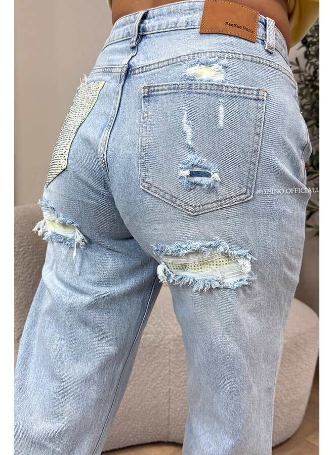 YELLOW - 'SYDNEY RHINESTONE' - STRETCH VIRAL RIPPED BACK STRAIGHT LEG JEANS