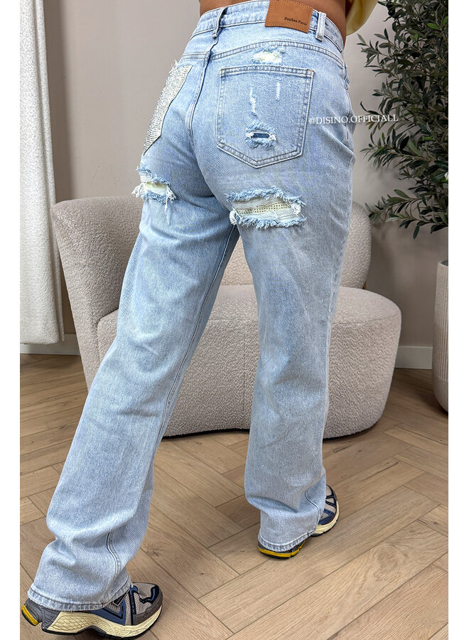 YELLOW - 'SYDNEY RHINESTONE' - STRETCH VIRAL RIPPED BACK STRAIGHT LEG JEANS