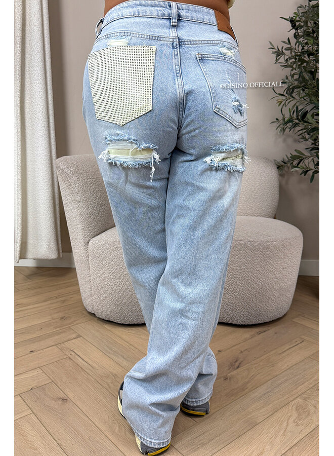 YELLOW - 'SYDNEY RHINESTONE' - STRETCH VIRAL RIPPED BACK STRAIGHT LEG JEANS