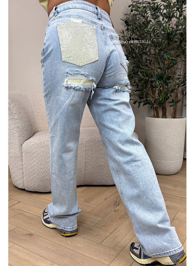 YELLOW - 'SYDNEY RHINESTONE' - STRETCH VIRAL RIPPED BACK STRAIGHT LEG JEANS