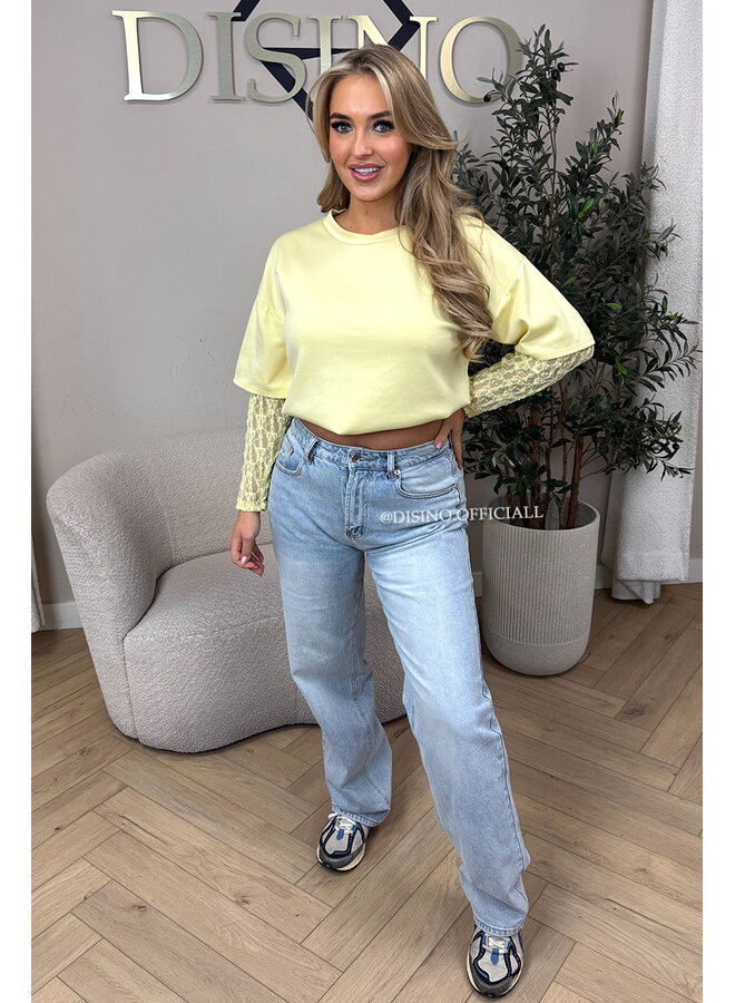 YELLOW - 'SYDNEY RHINESTONE' - STRETCH VIRAL RIPPED BACK STRAIGHT LEG JEANS
