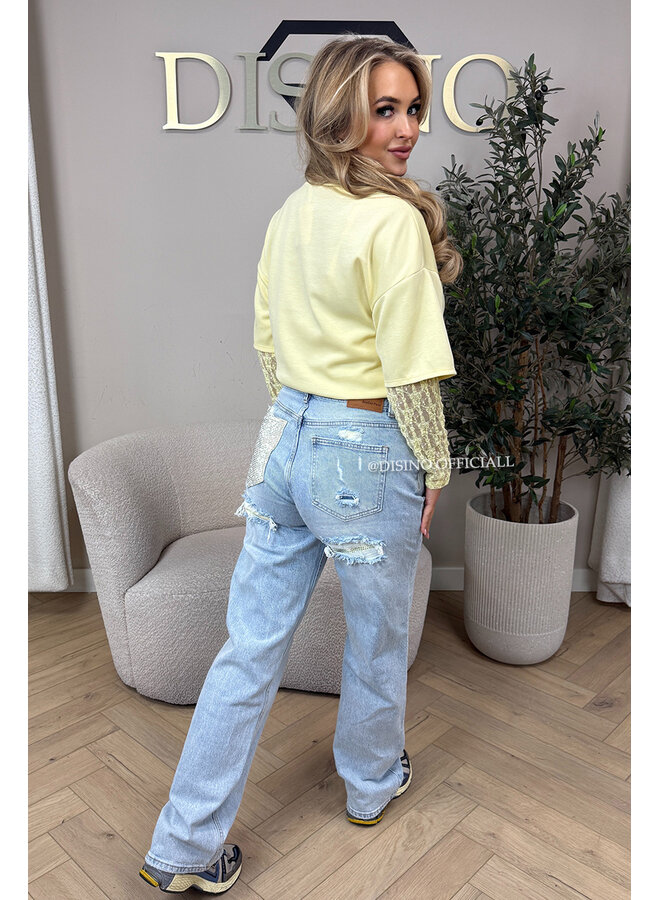 YELLOW - 'SYDNEY RHINESTONE' - STRETCH VIRAL RIPPED BACK STRAIGHT LEG JEANS