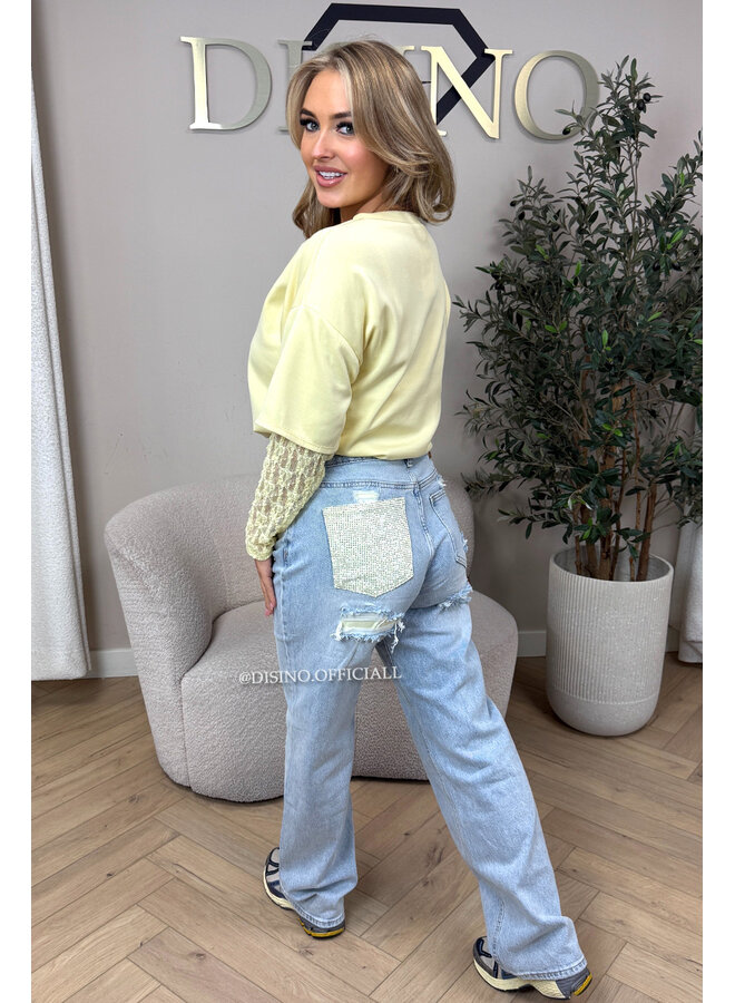 YELLOW - 'SYDNEY RHINESTONE' - STRETCH VIRAL RIPPED BACK STRAIGHT LEG JEANS