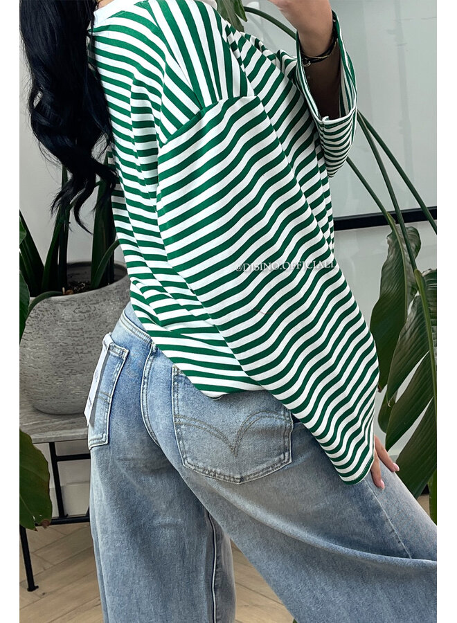 WHITE/GREEN - 'LEONI TEE' - STRIPED LONG SLEEVE TEE