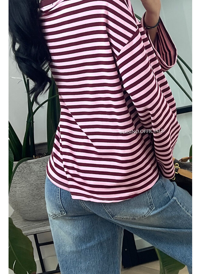 WINE/PINK - 'LEONI TEE' - STRIPED LONG SLEEVE TEE