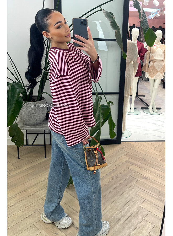 WINE/PINK - 'LEONI TEE' - STRIPED LONG SLEEVE TEE
