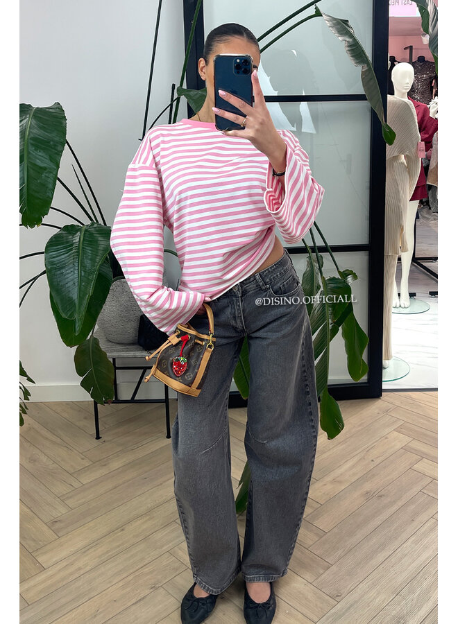 PINK/PINK - 'LEONI TEE' - STRIPED LONG SLEEVE TEE