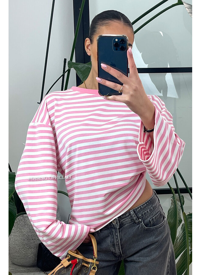 PINK/PINK - 'LEONI TEE' - STRIPED LONG SLEEVE TEE
