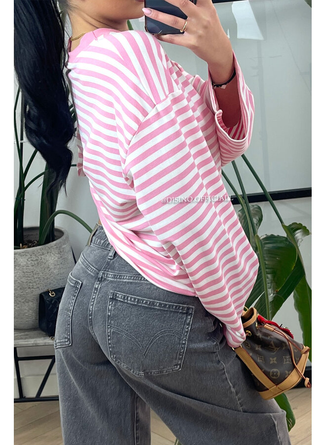 PINK/PINK - 'LEONI TEE' - STRIPED LONG SLEEVE TEE