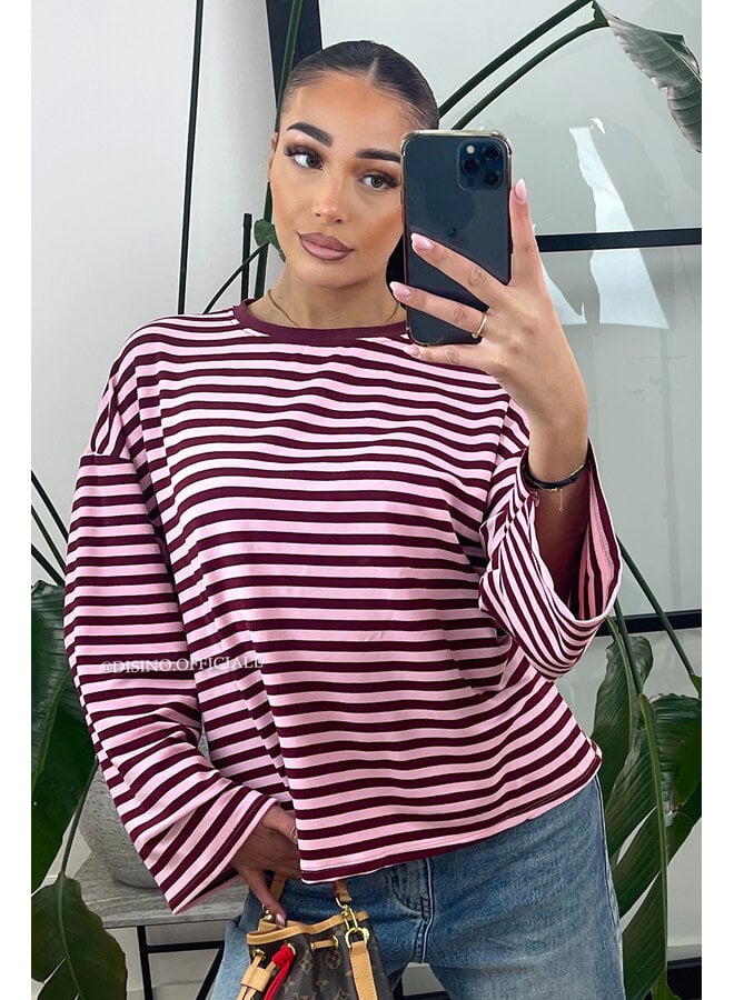 BORDEAUX/PINK - 'LEONI TEE' - STRIPED LONG SLEEVE TEE