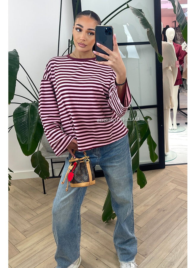WINE/PINK - 'LEONI TEE' - STRIPED LONG SLEEVE TEE