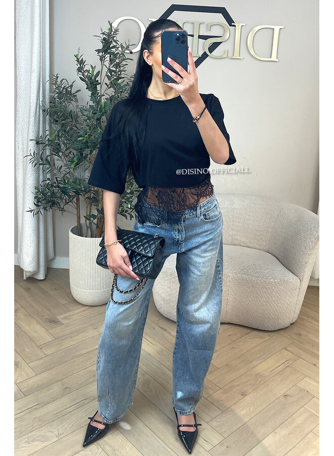 BLACK - 'ELODIE TEE' - ASSYMETRIC CROPPED LACE TEE