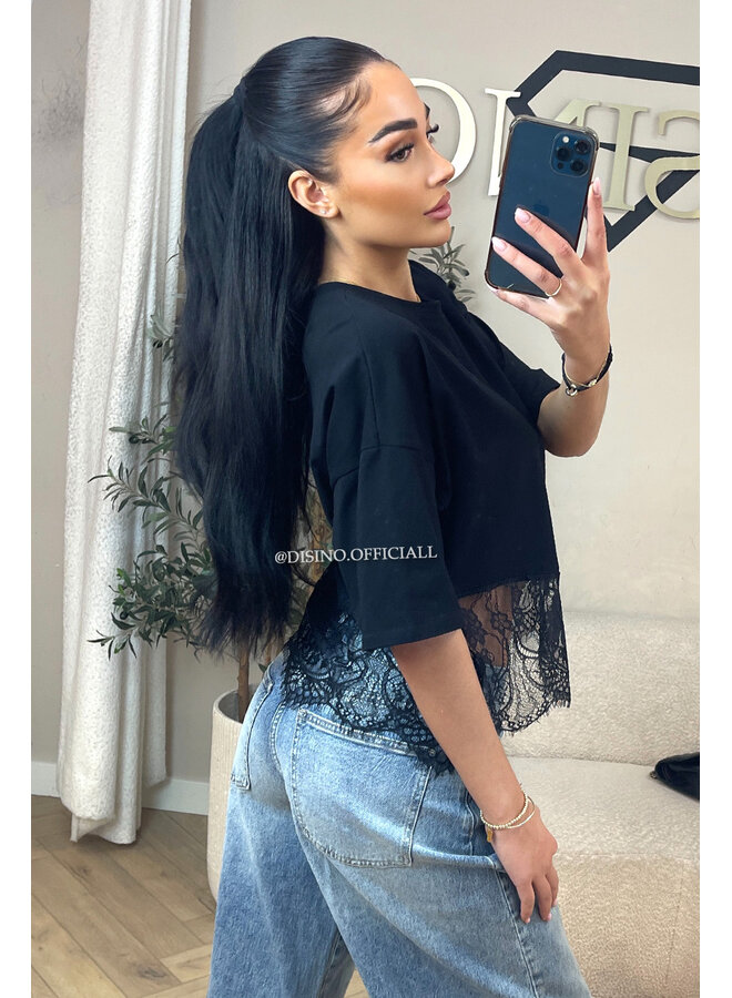 BLACK - 'ELODIE TEE' - ASSYMETRIC CROPPED LACE TEE