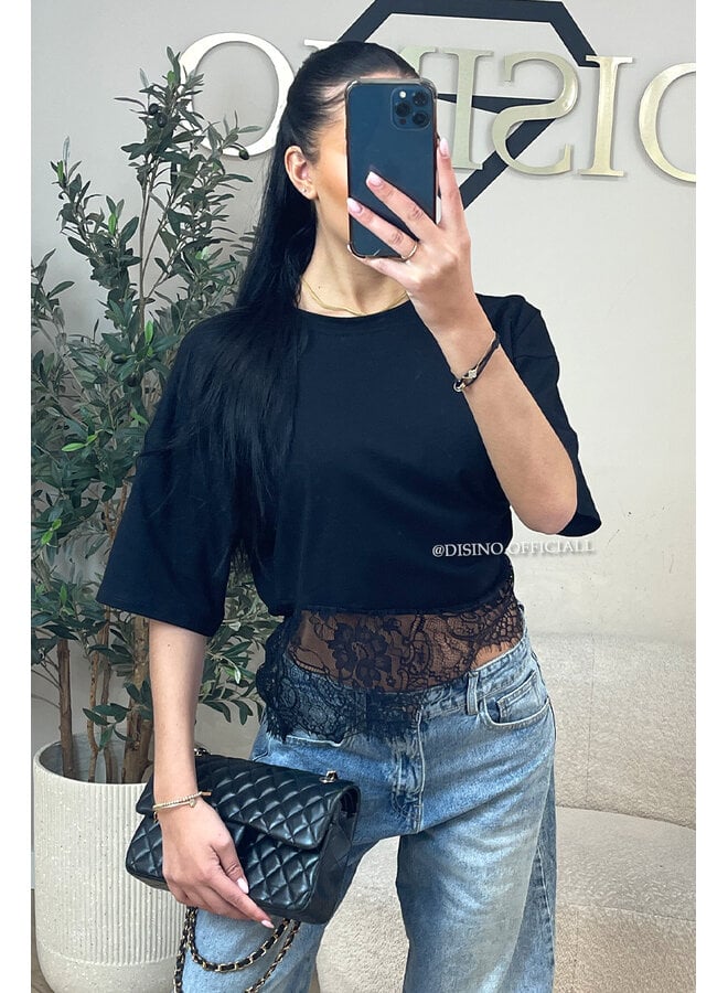 BLACK - 'ELODIE TEE' - ASSYMETRIC CROPPED LACE TEE