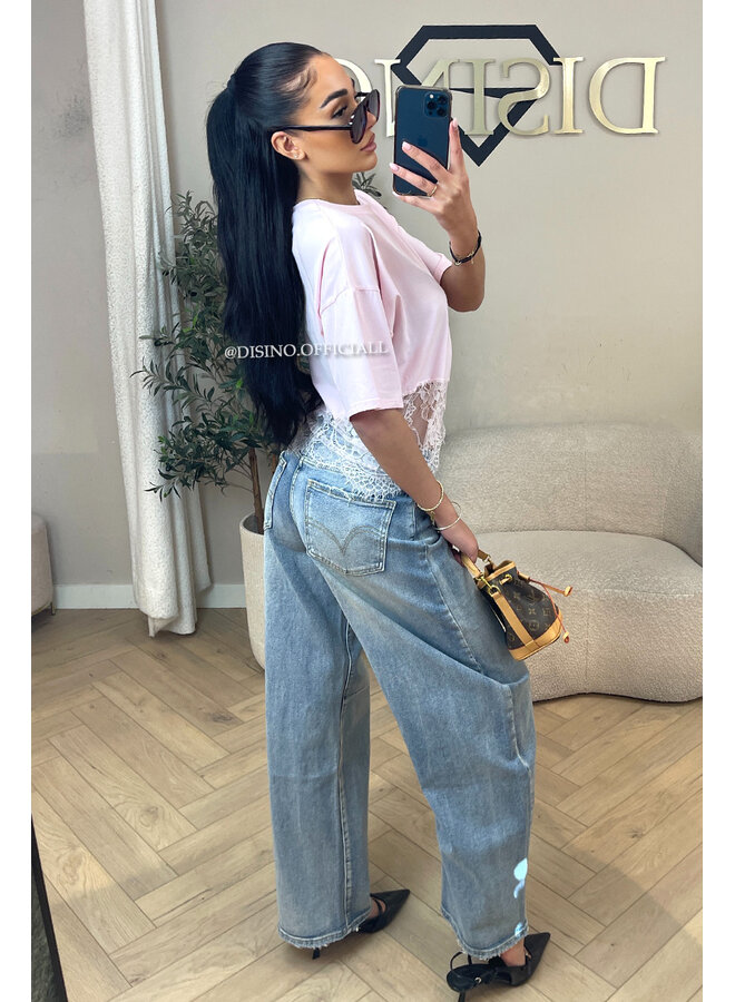 PINK - 'ELODIE TEE' - ASSYMETRIC CROPPED LACE TEE