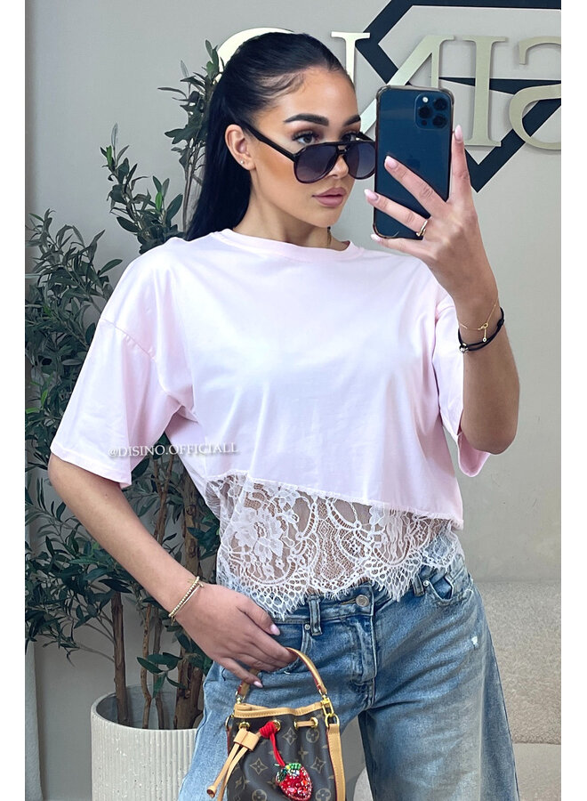 PINK - 'ELODIE TEE' - ASSYMETRIC CROPPED LACE TEE