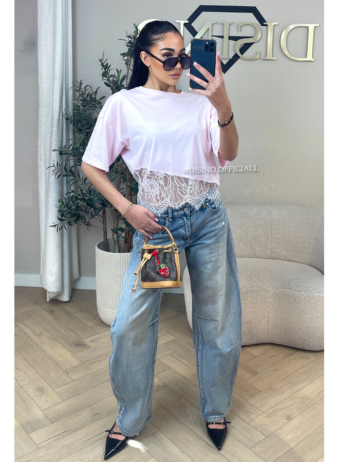 PINK - 'ELODIE TEE' - ASSYMETRIC CROPPED LACE TEE