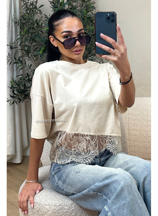 BEIGE - 'ELODIE TEE' - ASSYMETRIC CROPPED LACE TEE