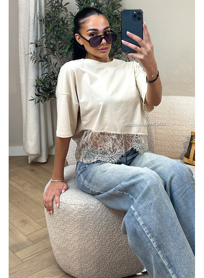 BEIGE - 'ELODIE TEE' - ASSYMETRIC CROPPED LACE TEE