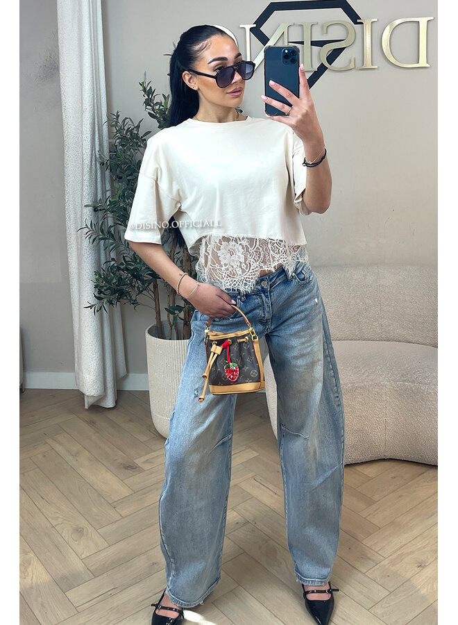 BEIGE - 'ELODIE TEE' - ASSYMETRIC CROPPED LACE TEE