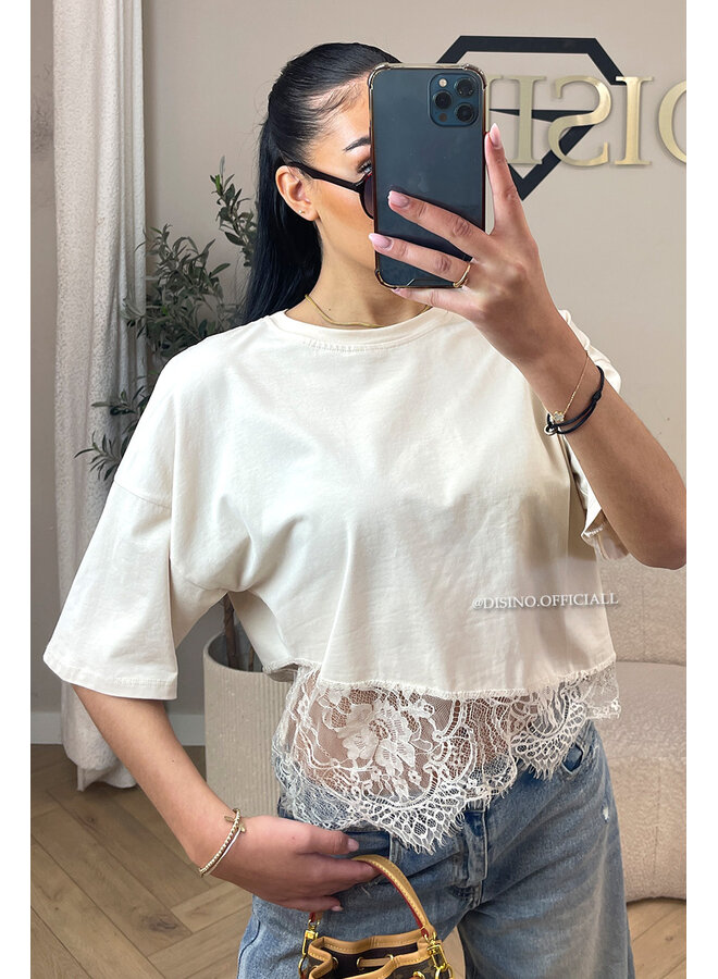 BEIGE - 'ELODIE TEE' - ASSYMETRIC CROPPED LACE TEE