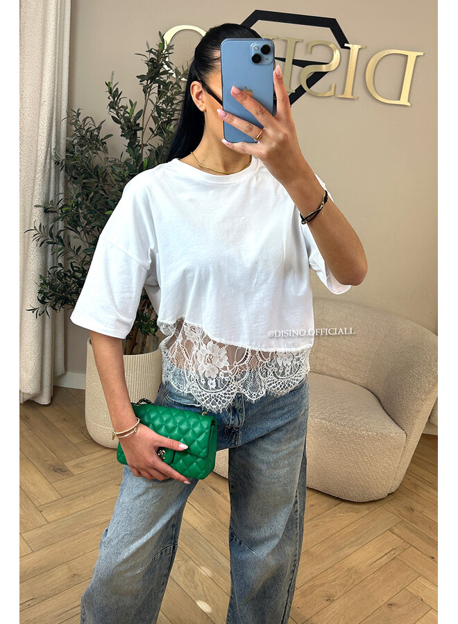 WHITE - 'ELODIE TEE' - ASSYMETRIC CROPPED LACE TEE
