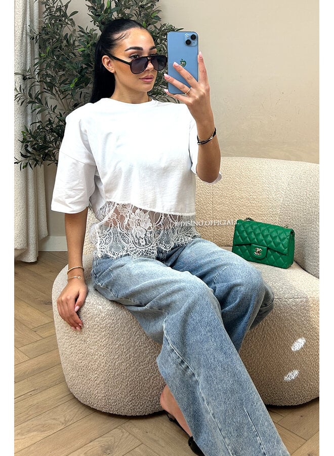 WHITE - 'ELODIE TEE' - ASSYMETRIC CROPPED LACE TEE
