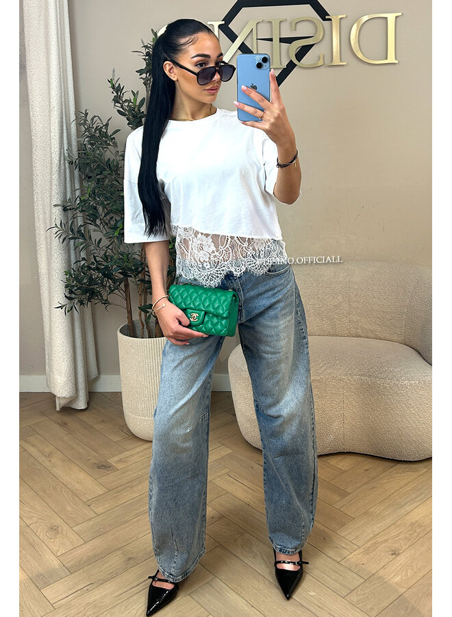 WHITE - 'ELODIE TEE' - ASSYMETRIC CROPPED LACE TEE