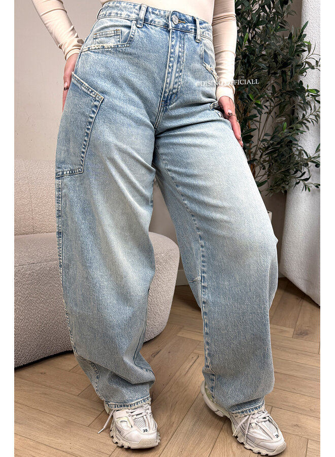 DIRTY LIGHT BLUE - 'BALLOON CARGO JEANS' - STRETCH VIRAL BALLOON LEG JEANS