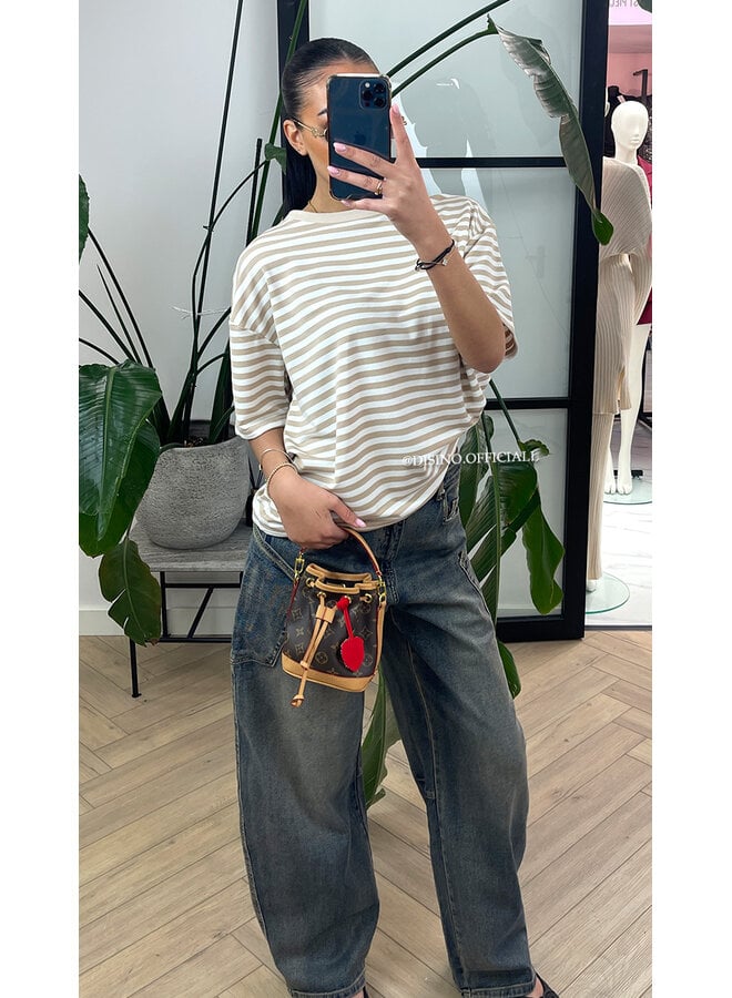 BEIGE - 'LEONI SHORTSLEEVE TEE' - STRIPED OVERSIZED TEE