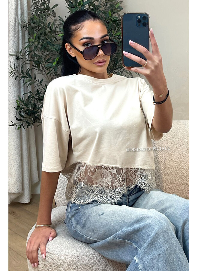 BEIGE - 'ELODIE TEE' - ASSYMETRIC CROPPED LACE TEE