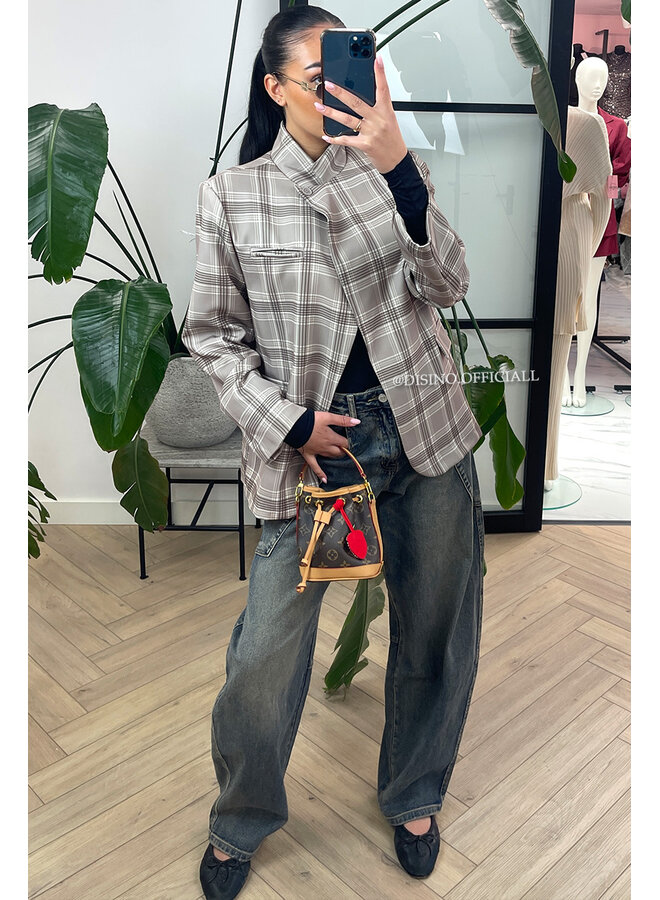 BEIGE - 'CHECKED NORA BLAZER' - VIRAL BUTTON BLAZER