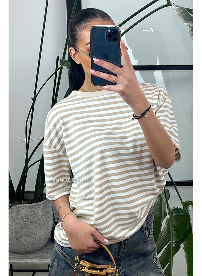 BEIGE - 'LEONI SHORTSLEEVE TEE' - STRIPED OVERSIZED TEE