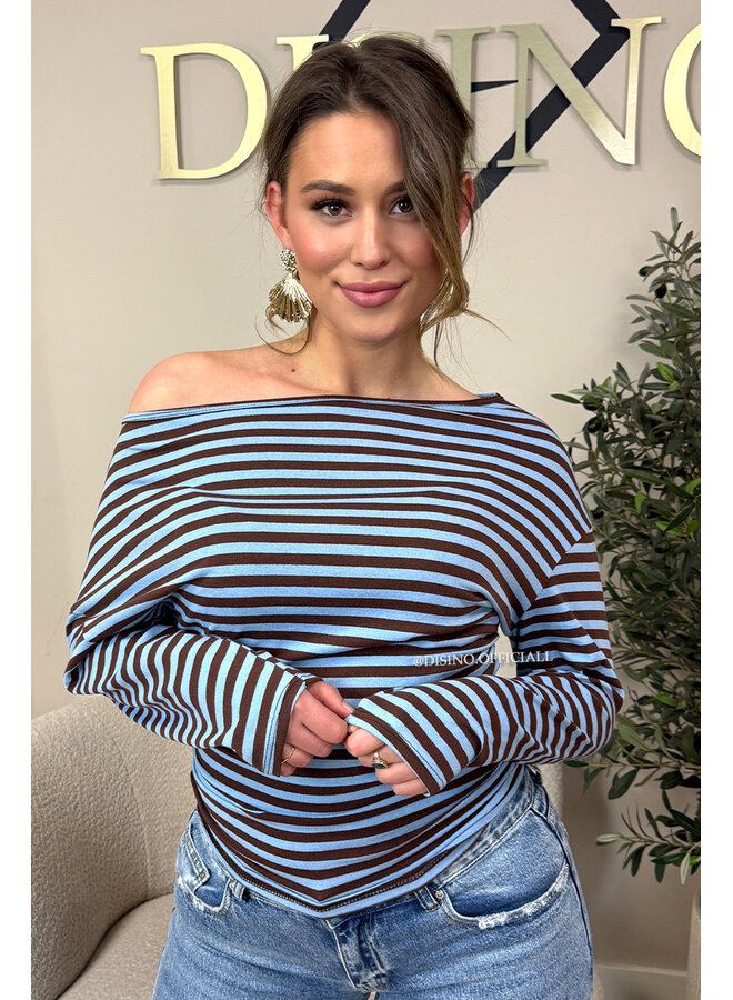 BLUE - 'LEANNE TOP' - STRIPED OFF SHOULDER LONGSLEEVE TOP