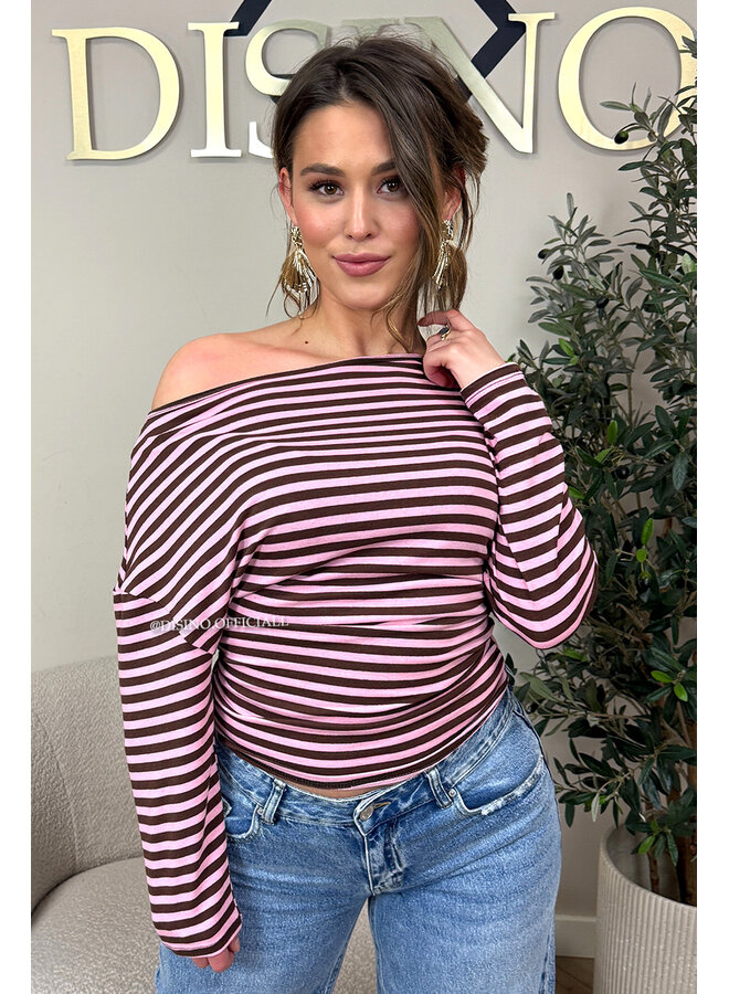 PINK - 'LEANNE TOP' - STRIPED OFF SHOULDER LONGSLEEVE TOP