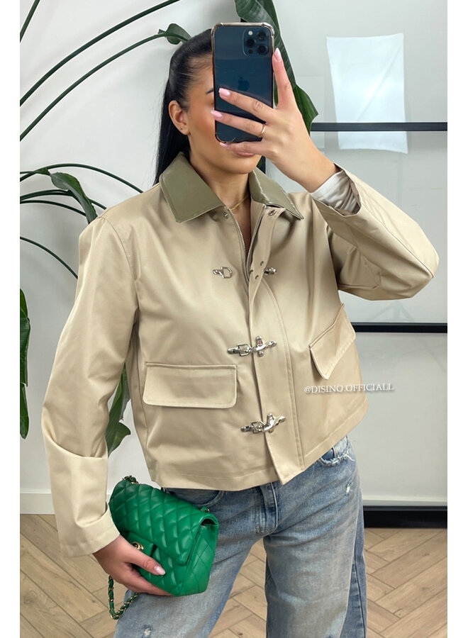 BEIGE - 'MEVINA JACKET' - LEATHER COLLAR JACKET
