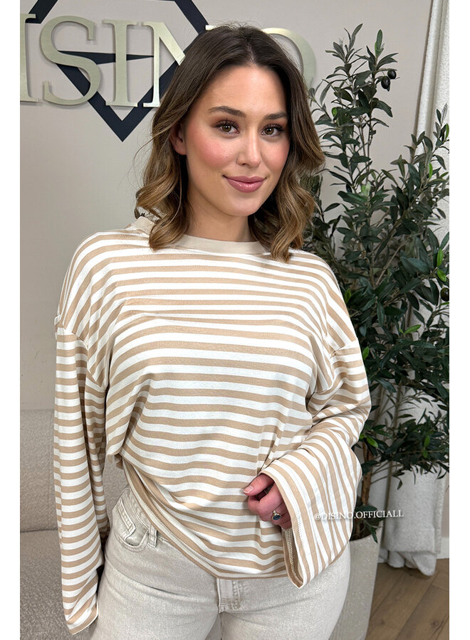 BEIGE - 'LEONI TEE' - STRIPED LONG SLEEVE TEE