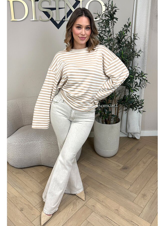 BEIGE - 'LEONI TEE' - STRIPED LONG SLEEVE TEE