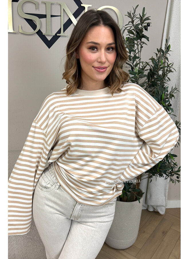 BEIGE - 'LEONI TEE' - STRIPED LONG SLEEVE TEE
