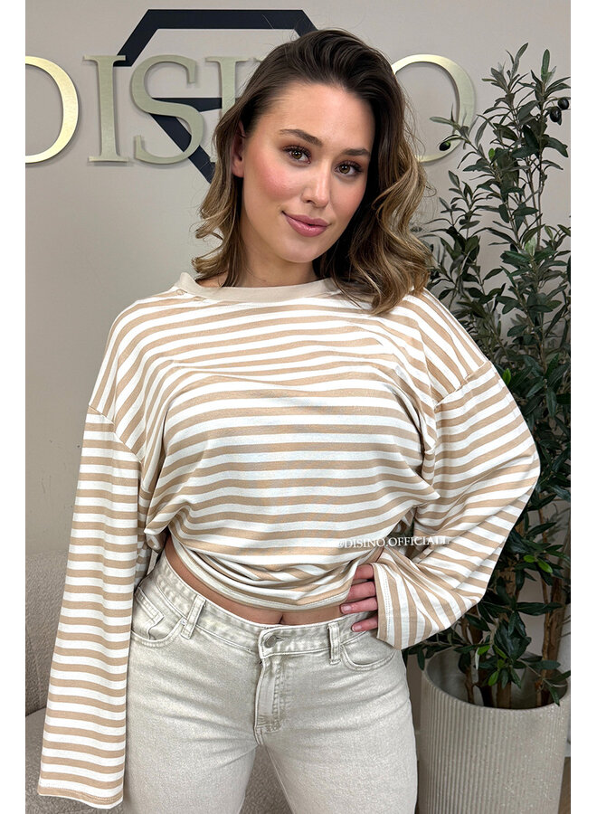 BEIGE - 'LEONI TEE' - STRIPED LONG SLEEVE TEE